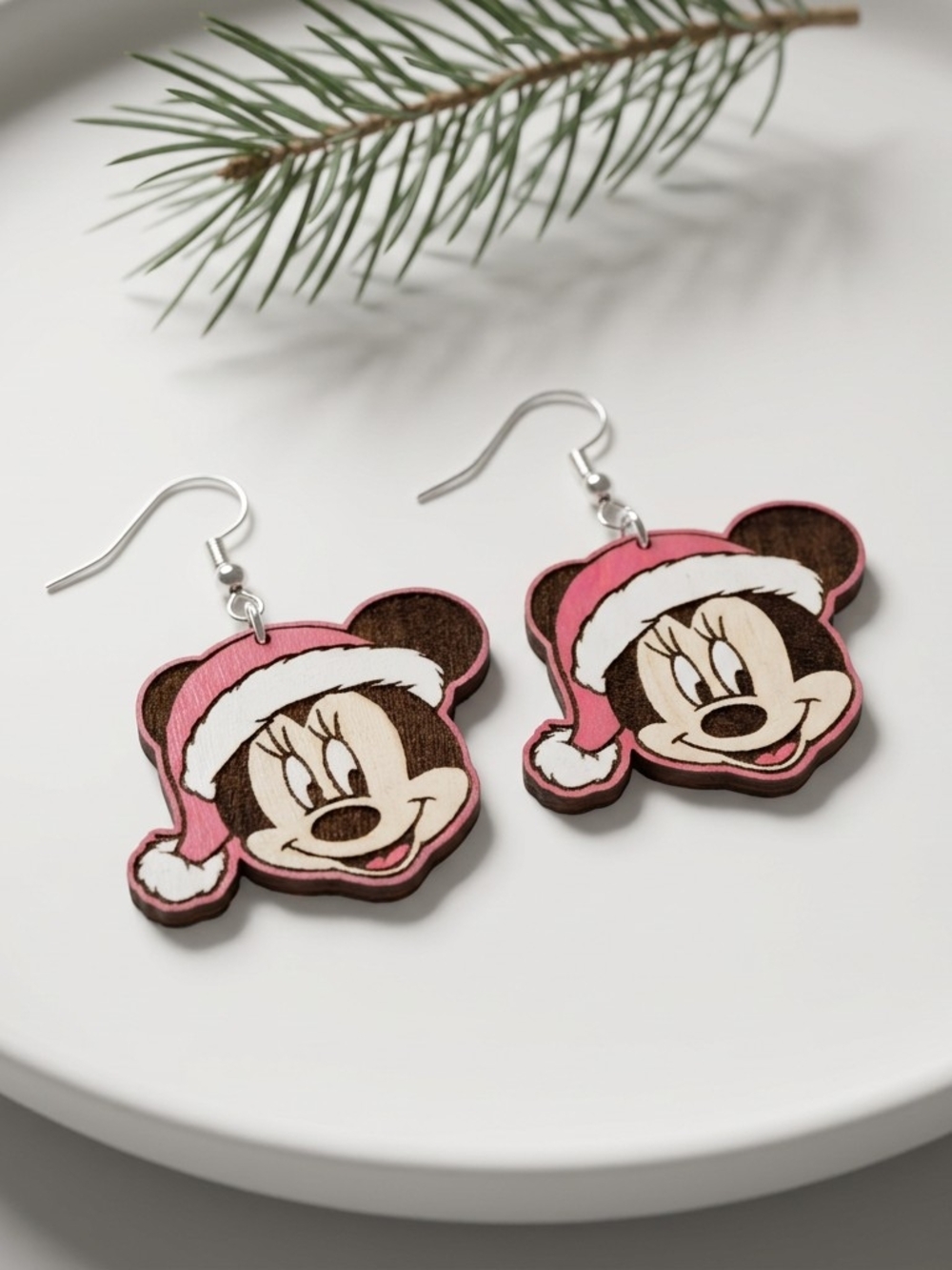 Christmas Santa Minnie Mouse Wooden Earrings